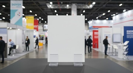 Blank trade show display stand in busy convention center.
