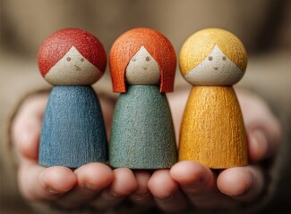 Three colorful wooden peg dolls in hands