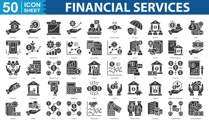 Financial Services Icon Set Collection. Containing Real Estate, Payment System, Stock, Financial, Financial Advisor, Angel Investor, Insurance, Banking, Loan icon. simple glyph vector illustration