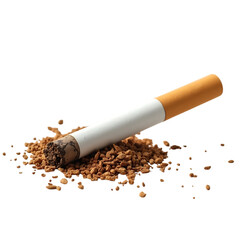 A lit cigarette rests on a pile of tobacco, isolated on transparent background