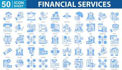 Obraz premium Financial Services Icon Set Collection. Containing Real Estate, Payment System, Stock, Financial, Financial Advisor, Angel Investor, Insurance, Banking icon. simple blue vector illustration