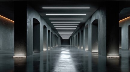 Obraz premium Long, dark corridor with arched doorways and sleek, minimalist lighting