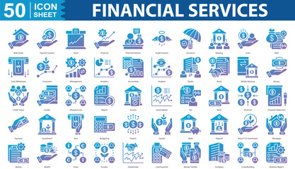 Obraz premium Financial Services Icon Set Collection Concept With Icon Of Real Estate, Payment System, Stock, Financial, Financial Advisor, Angel Investor, Insurance, Banking, Loan, Debt, Cash Withdrawal, Invesment