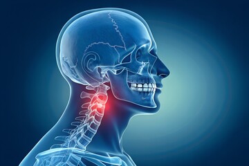 A side view of a human head and upper torso. The figure is rendered in a translucent blue monochrome, revealing the underlying skeletal structure, including the skull, cervical spine (neck vertebrae).