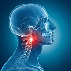 A side-view anatomical illustration of a human head and upper torso, rendered in a translucent blue style. It highlights the skull, spine, and ribcage, with a red area indicating inflammation.