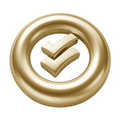 3D double Check inside a circle Icon PNG. Glossy Gold Metallic Tick for Premium UI and App Graphics.