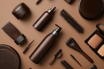brown hair care products and tools on brown background.