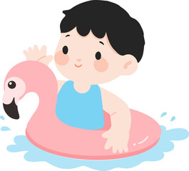 Illustration of Boy with Flamingo Swim Ring