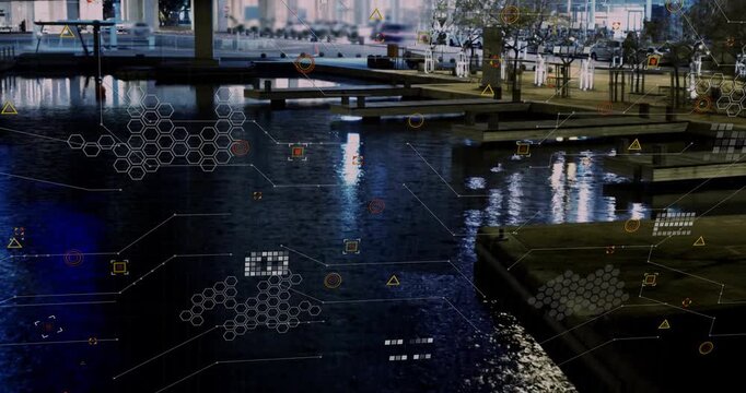 Nighttime scan initiating with glowing hex clusters appearing over water mapping dock environment