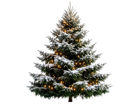 Outdoor Christmas Tree Covered in Snow and Lights – Transparent PNG Prompt