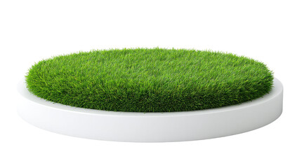 Circular, white pedestal with a vibrant green grass top