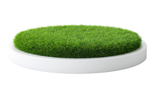 Circular, white pedestal with a vibrant green grass top