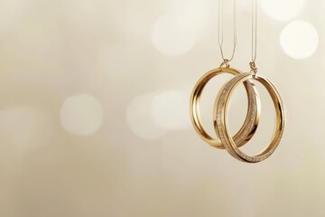 three golden wedding bands suspended vertically against a soft beige backdrop.