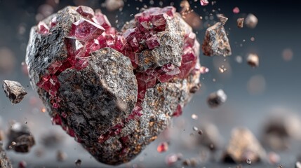 Heart Shaped Crystal Rock Formation with Red Gems and Textured Gray Surface