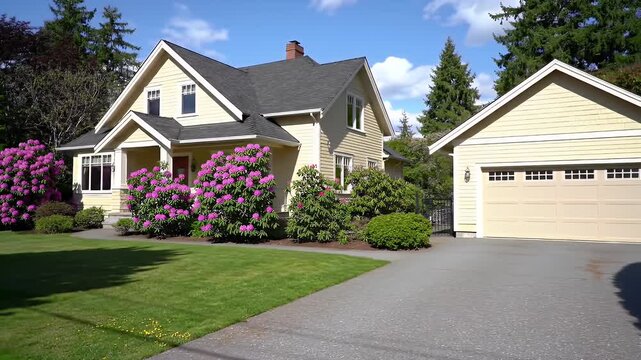 Tan Home and Detached Garage with Black Roof Blue Sky and Lush Green Lawn on a Sunny Day