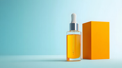 A transparent serum bottle with an orange box on a light blue background. Illustration for a product branding mockup.
