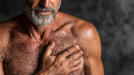 Mature man with well-defined muscular physique and beard posing against textured background