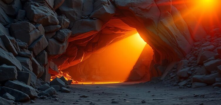 Sunrise illuminates empty tomb, light rays pierce darkness,  ancient,  rock