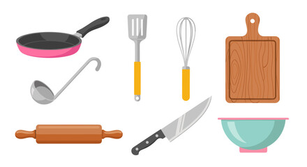 Illustration showing various kitchen utensils including a pan, ladle, spatula, and cutting board