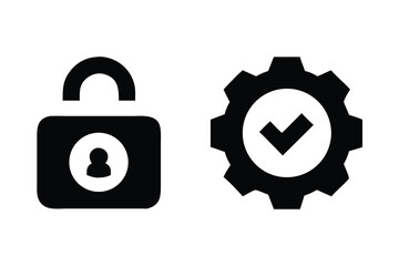 Black icon of a padlock with a person symbol inside and a gear with a checkmark, symbolizing security and operational efficiency, isolated on white background