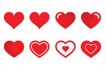 Collection of eight red hearts in different styles isolated on white background
