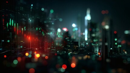 Fototapeta premium Dark themed interface with bright red and green stock visuals contrasted by a soft-focus city skyline outside 