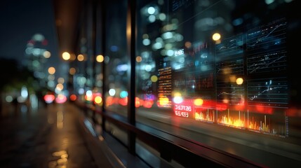 Close-up of financial screen showing real-time data while urban lights blur in a colorful backdrop behind glass 