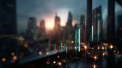 Candlestick charts and financial indicators glowing on a monitor, with a high-rise city view blurred behind 