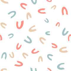 Colorful abstract geometric seamless pattern Simple retro shapes, letters, signs, symbols in pastel delicate colors White background