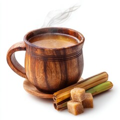 Warm Wooden Cup of Herbal Tea with Sugar Canes