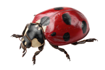 Close-up of a ladybug, glossy red shell with black spots, white markings