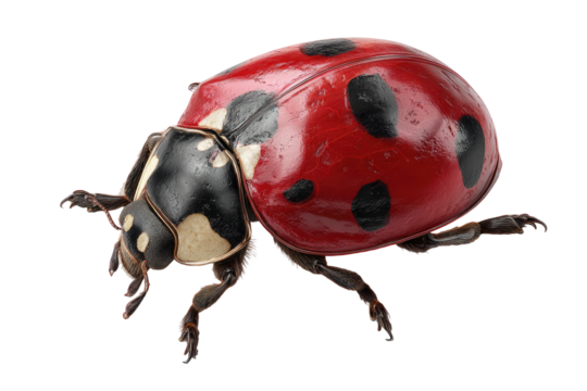Close-up of a ladybug, glossy red shell with black spots, white markings