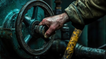 Close-Up of Hand Operating Valve in Industrial Setting