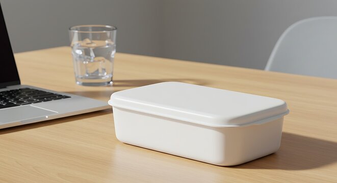 Simple white lunchbox sits on wooden desk near laptop and water glass.