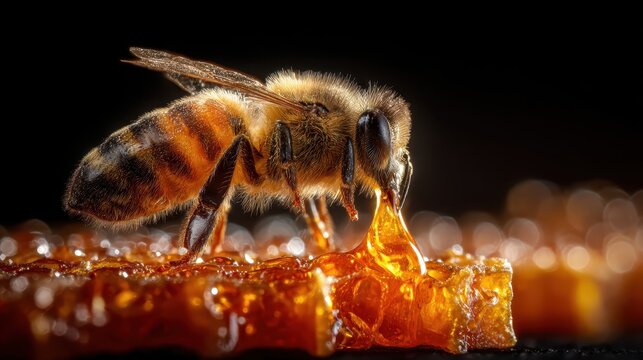 Honeybee drinks nectar from honeycomb - Powered by Adobe
