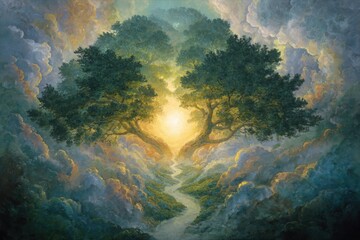 Enchanted forest tree radiating golden light and mystical clouds