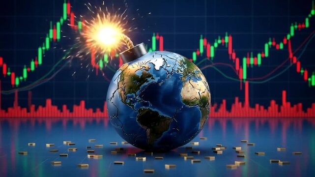 A globe with a bomb fuse on top in front of a financial chart with scattered gold bars below it