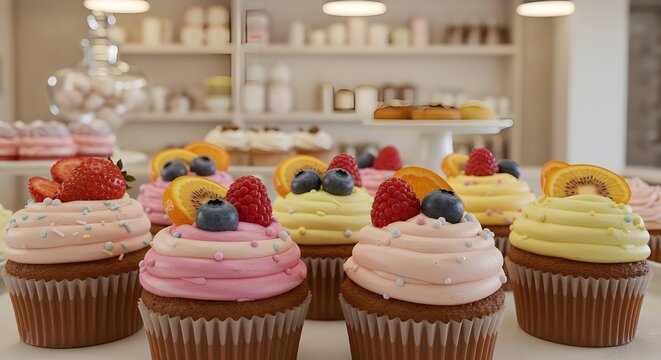 Gourmet cupcakes topped with tall, swirled frosting and fresh berries, arranged elegantly with a blurred background of a chic bakery interior ideal for themes of artisanal desserts, patisserie.