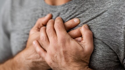 Close-Up of Hands on Chest Representing Pain or Heart Issues in a Casual Setting