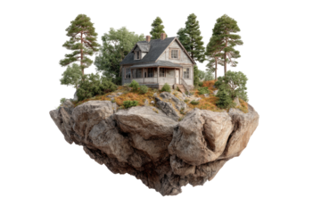A weathered house sits atop a floating rock outcrop, surrounded by trees and foliage in a serene woodland scene