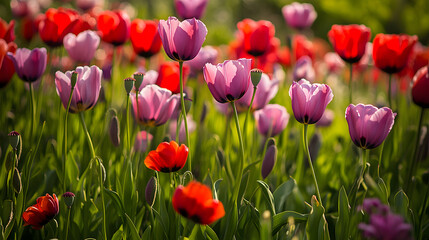 Fototapeta premium A field of purple poppies and red tulips amidst a green meadow. A colorful flower garden illustration for a spring background.