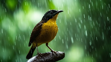 Yellow Bird Perched in Rainforest Downpour