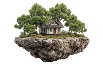 Small house on floating rock, surrounded by trees