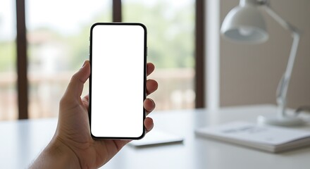 Hand holding smartphone with blank screen, modern office background.