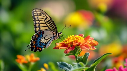 Colorful Butterfly on Orange Zinnia Flower in a Vibrant Garden
