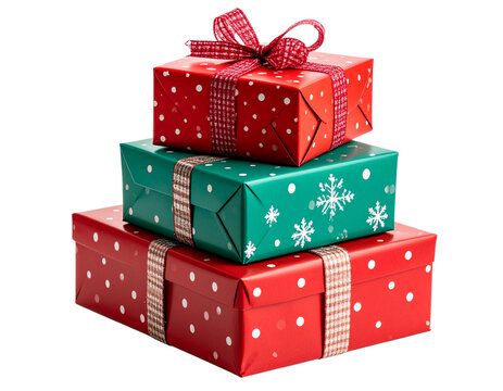  Stack of Wrapped Presents in Assorted Colors and Patterns – Isolated PNG - Powered by Adobe