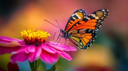 Orange Butterfly on Pink Zinnia Flower Closeup
