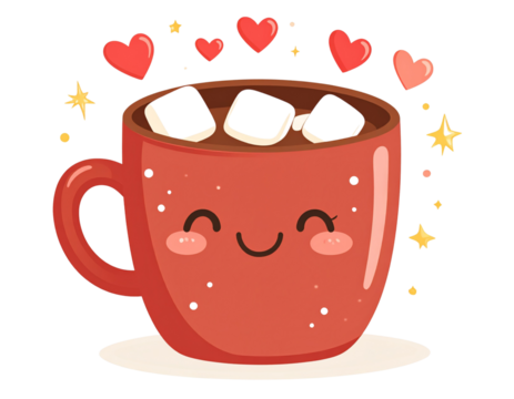 Cartoon Hot Chocolate Cup with Smiling Marshmallow Face – Isolated PNG