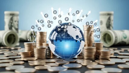 A global view of finance with currency symbols, coins, and rolled up dollar bills on a blue background - Powered by Adobe