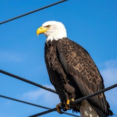 Obraz premium Bald eagle perched on wires against a clear sky